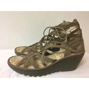 Fly London Wedge light brown suede upper lace up Women Sandals size EUR 41